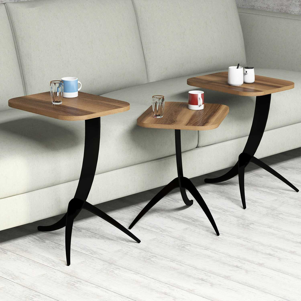 Pion Walnut Wooden Nesting Side Tables with Black Metal Legs