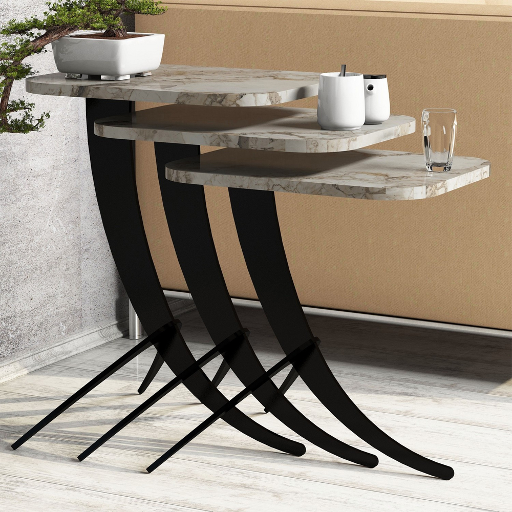 Pion White Marble Effect Nesting Side Tables with Metal Legs