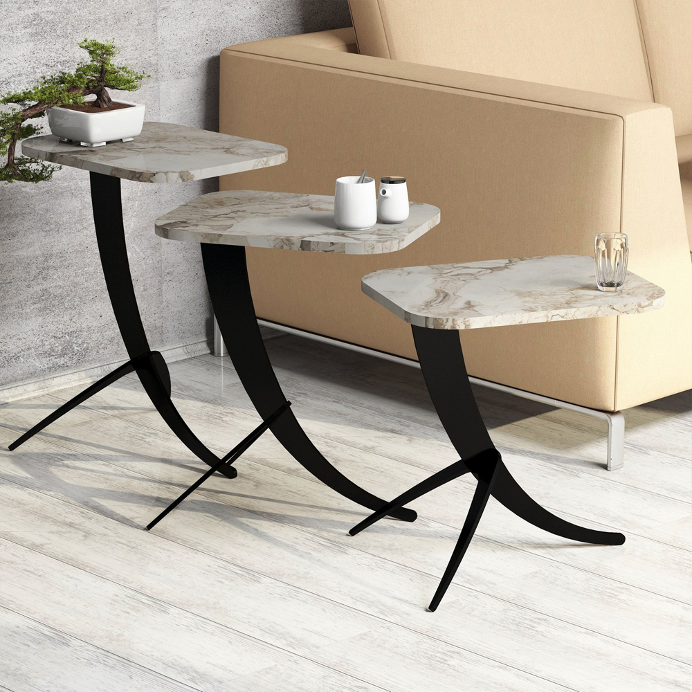 Pion White Marble Effect Nesting Side Tables with Metal Legs