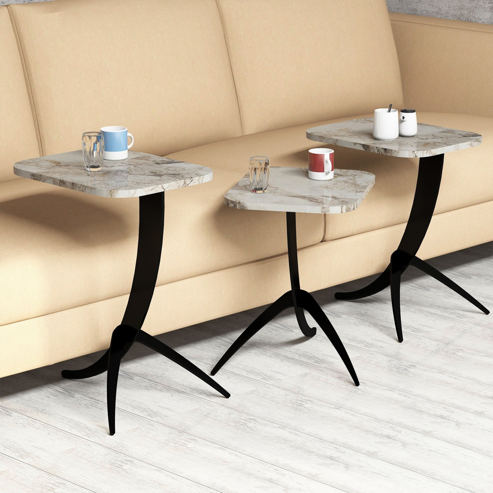 Pion White Marble Effect Nesting Side Tables with Metal Legs
