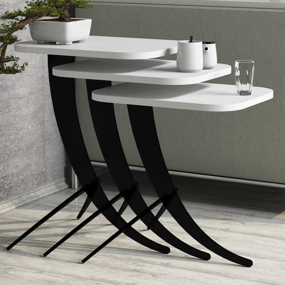Pion White Wooden Nesting Side Tables with Black Metal Legs