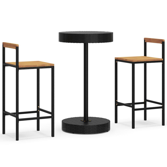 Piper Solid Wood 3 Piece Garden Bar Set In Black Poly Rattan