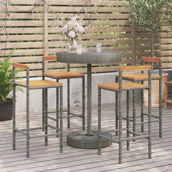 Piper Solid Wood 5 Piece Garden Bar Set In Grey Poly Rattan