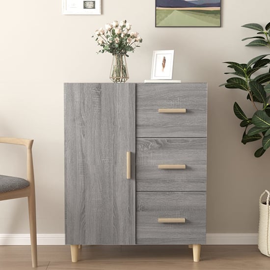 Photo of Pirro wooden sideboard with 1 door 3 drawers in grey sonoma oak