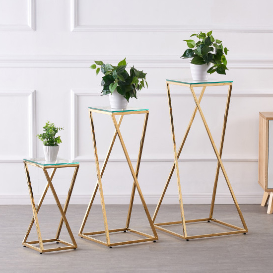 Pisa Set Of 3 Clear Glass Side Tables With Gold Steel Legs FiF