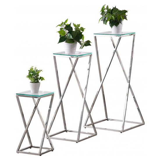 Pisa Set Of 3 Clear Glass Side Tables With Silver Steel Legs FiF