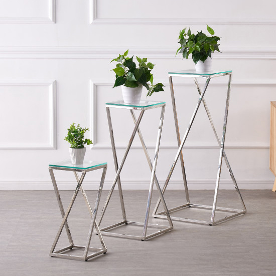 Pisa Set Of 3 Clear Glass Side Tables With Silver Steel Legs FiF