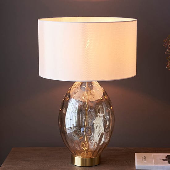 Photo of Plano white shade touch table lamp in champagne glass base