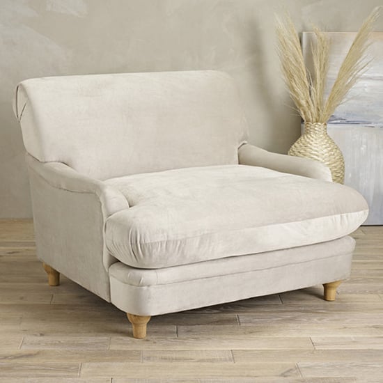 Product photograph of Plimpton Velvet Lounge Chair With Wooden Legs In Beige from Furniture in Fashion
