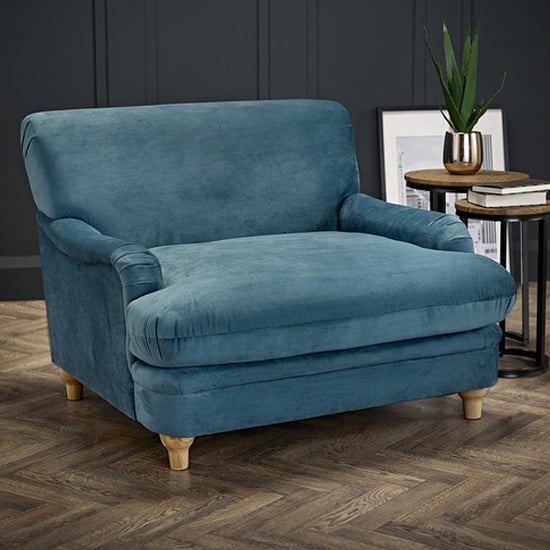 Photo of Plimpton velvet lounge chair with wooden legs in peacock blue