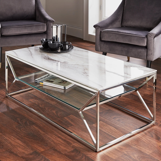 Photo of Pocatello marble effect glass coffee table with silver frame