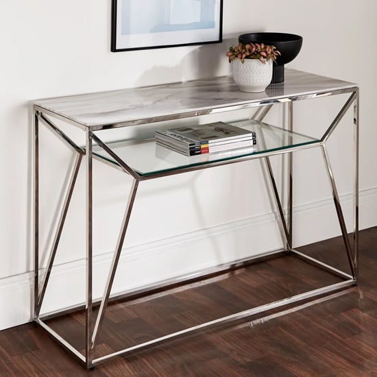 Product photograph of Pocatello Marble Effect Glass Console Table With Silver Frame from Furniture in Fashion