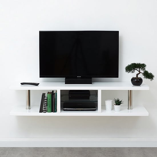 Photo of Powick high gloss wall mounted tv stand in white with led