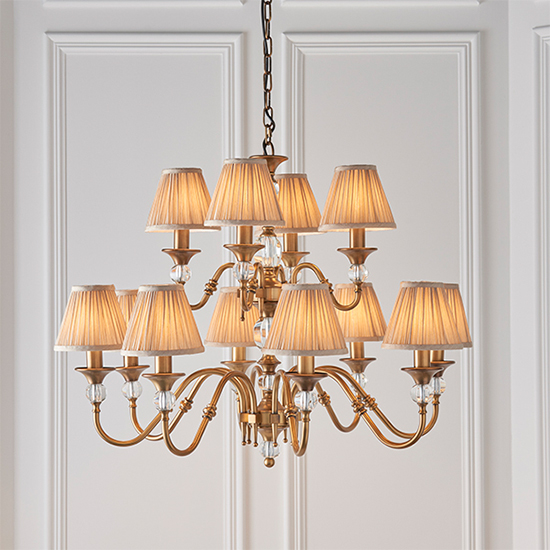 Polina 12 Lights Pendant Light In Antique Brass With Beige Shades