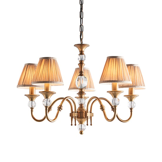 Product photograph of Polina 5 Lights Pendant Light In Antique Brass With Beige Shades from Furniture in Fashion