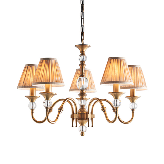 Product photograph of Polina 5 Lights Pendant Light In Antique Brass With Beige Shades from Furniture in Fashion