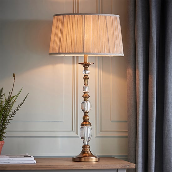 Product photograph of Polina Large Table Lamp In Antique Brass With Beige Shade from Furniture in Fashion