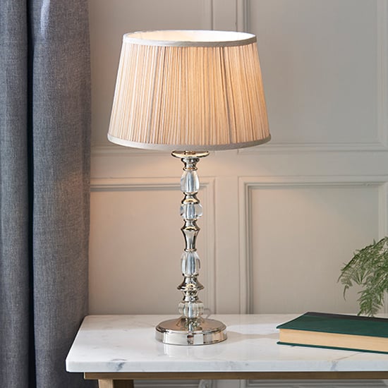 Read more about Polina medium table lamp in nickel with beige shade
