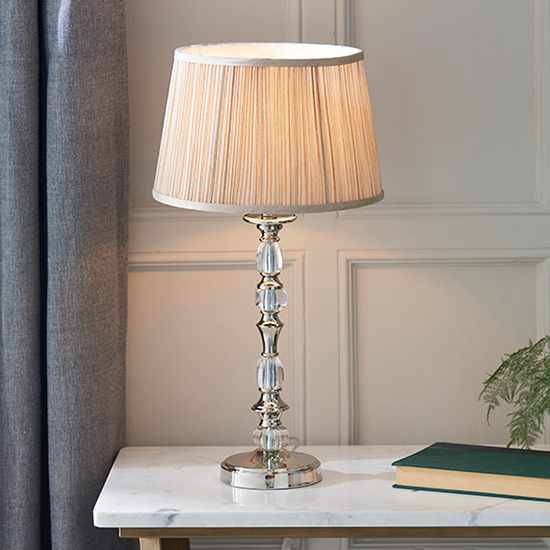 Read more about Polina medium table lamp in nickel with beige shade