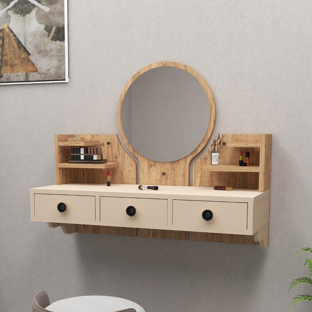Polina Wooden Wall Mounted Dressing Table with Mirror in Atlantic Pine and Beige