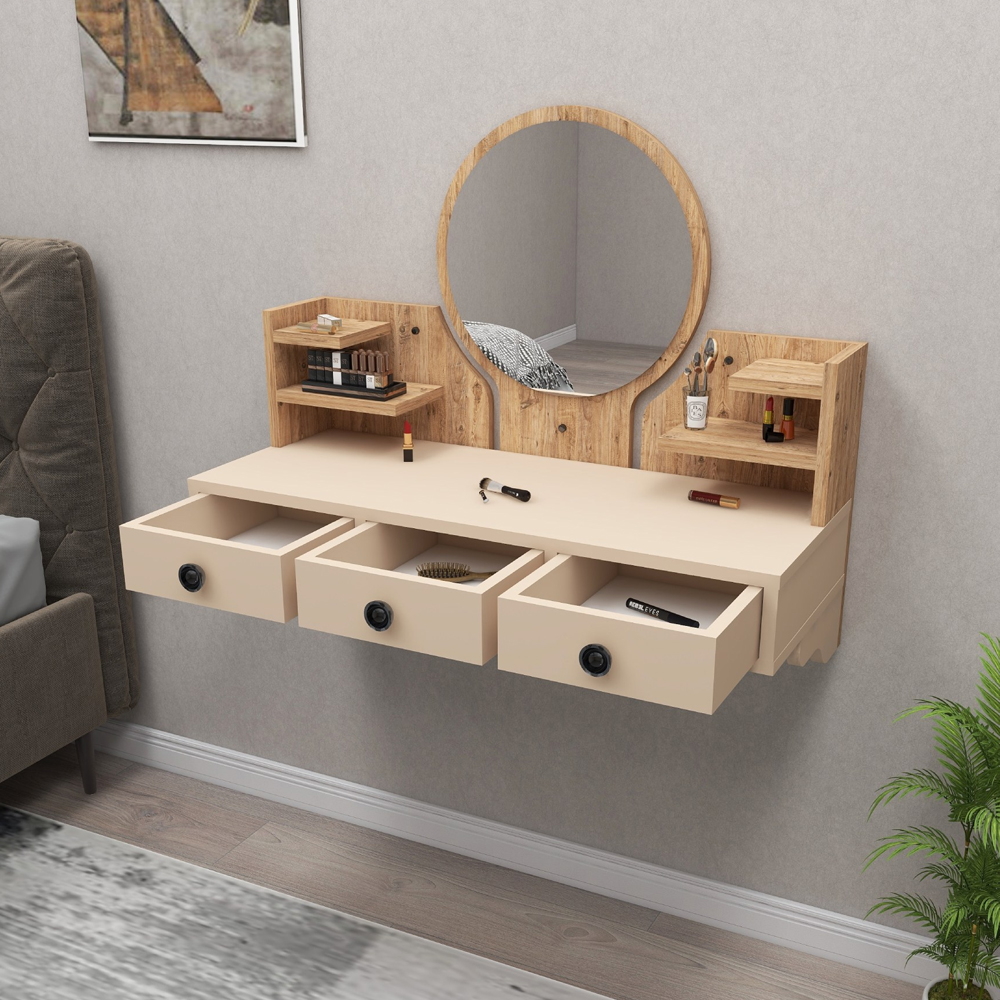 Polina Wooden Wall Mounted Dressing Table with Mirror in Atlantic Pine and Beige