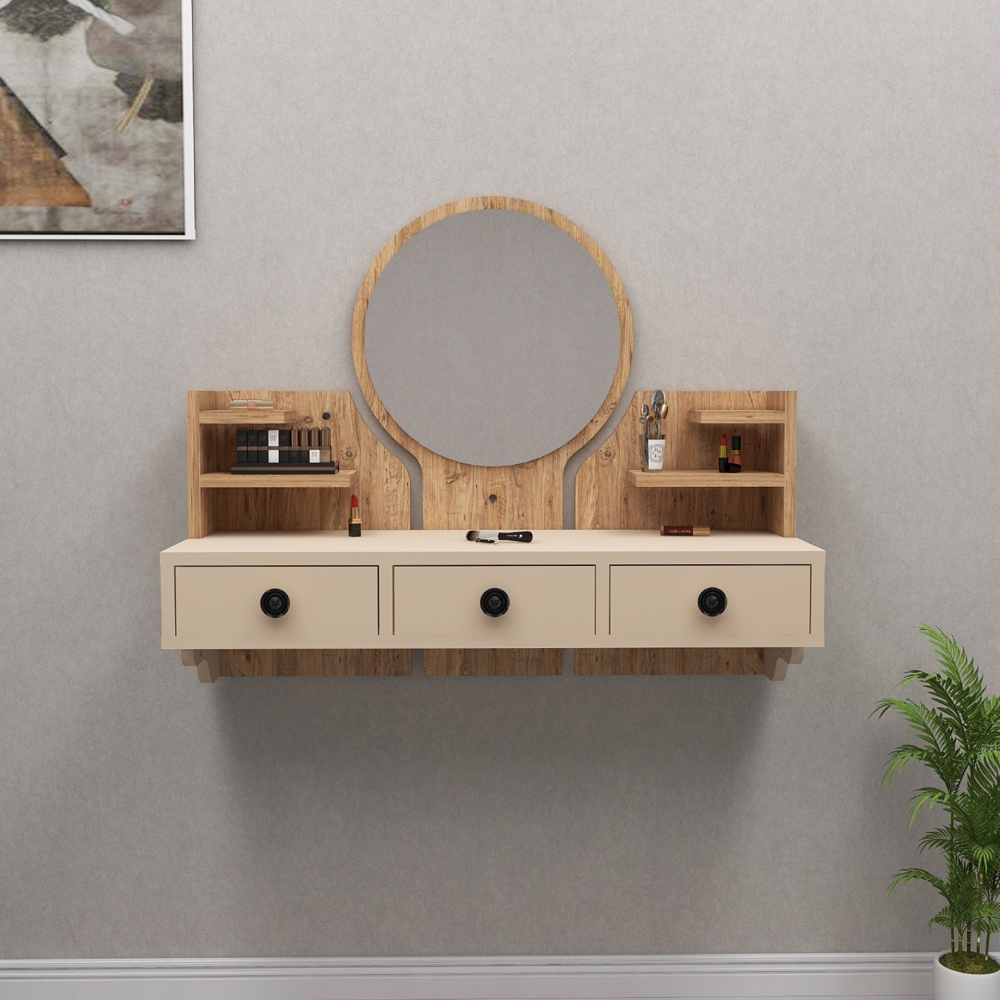 Polina Wooden Wall Mounted Dressing Table with Mirror in Atlantic Pine and Beige
