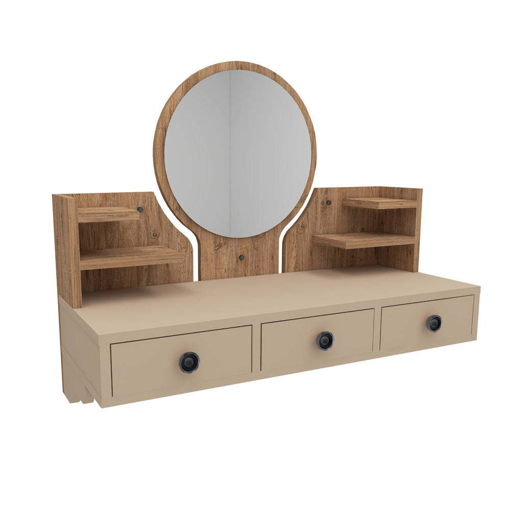 Polina Wooden Wall Mounted Dressing Table with Mirror in Atlantic Pine and Beige