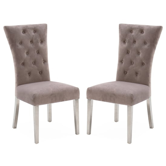 Pombo Taupe Velvet Dining Chairs With Steel Leg In Pair
