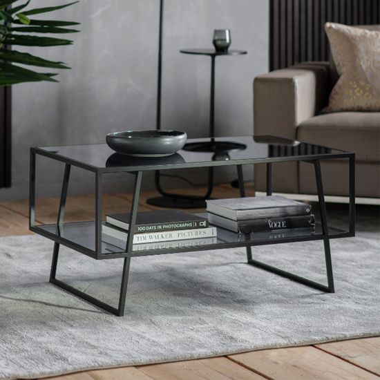 Photo of Pomona glass top coffee table in black with metal frame