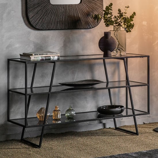 Photo of Pomona glass top console table in black with metal frame