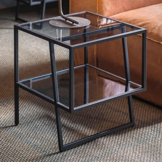 Product photograph of Pomona Glass Top Side Table In Black With Metal Frame from Furniture in Fashion