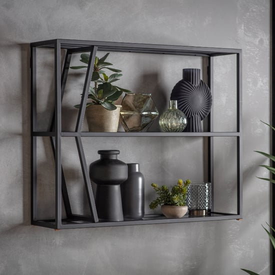 Read more about Pomona glass top wall shelving unit in black with metal frame