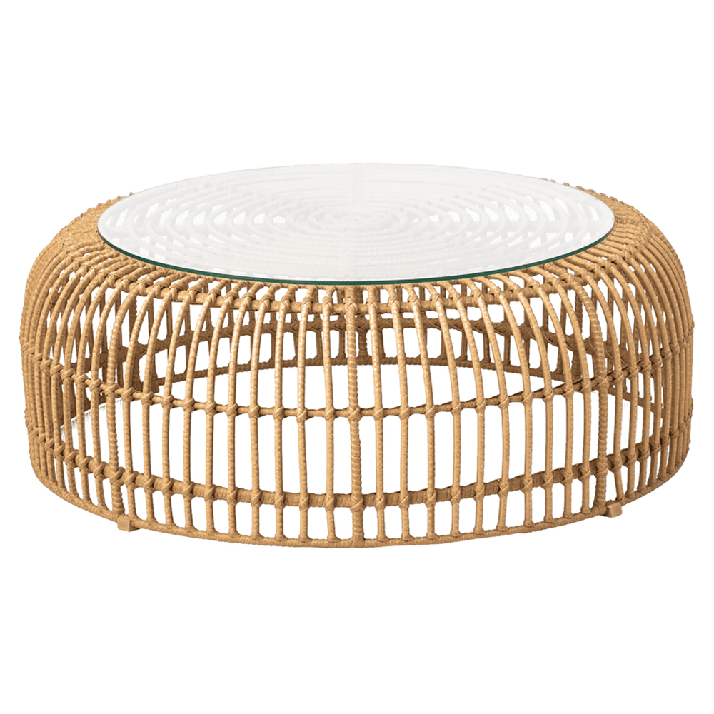 Ponoka Glass Top Outdoor Coffee Table With Rattan Base In Natural