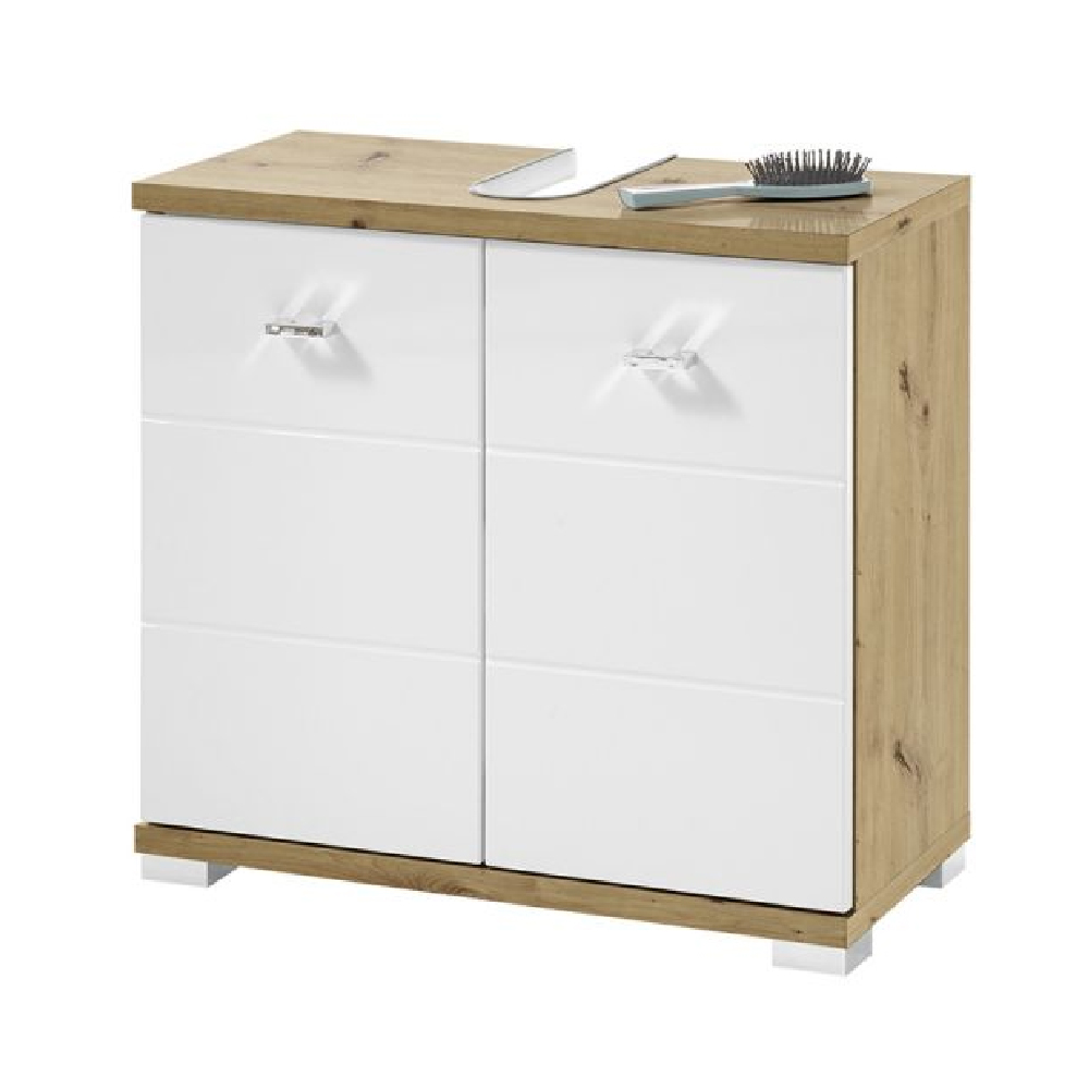 Ponoka White Gloss Under Sink Cabinet With 2 Doors In Artisan Oak