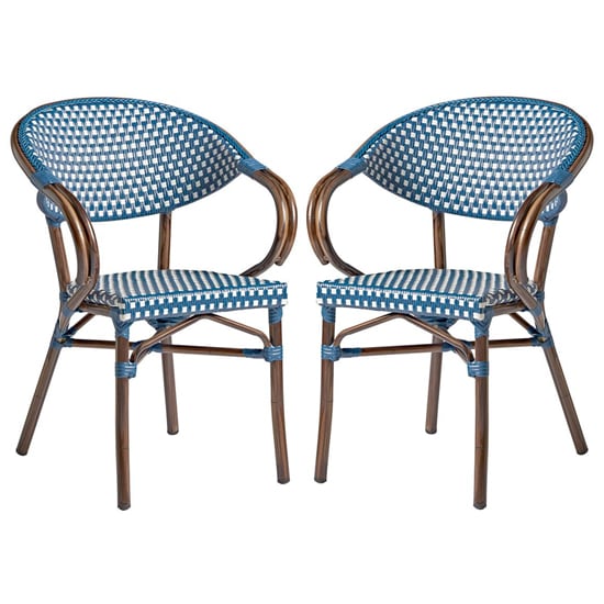 Photo of Ponte outdoor white and blue weave stacking armchairs in pair