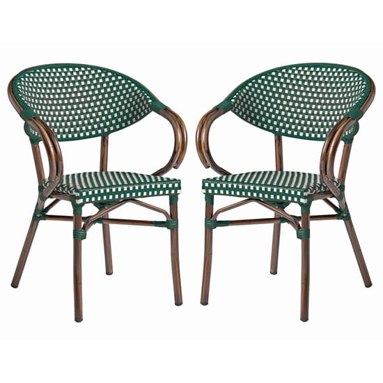 Ponte Outdoor White And Green Weave Stacking Armchairs In Pair