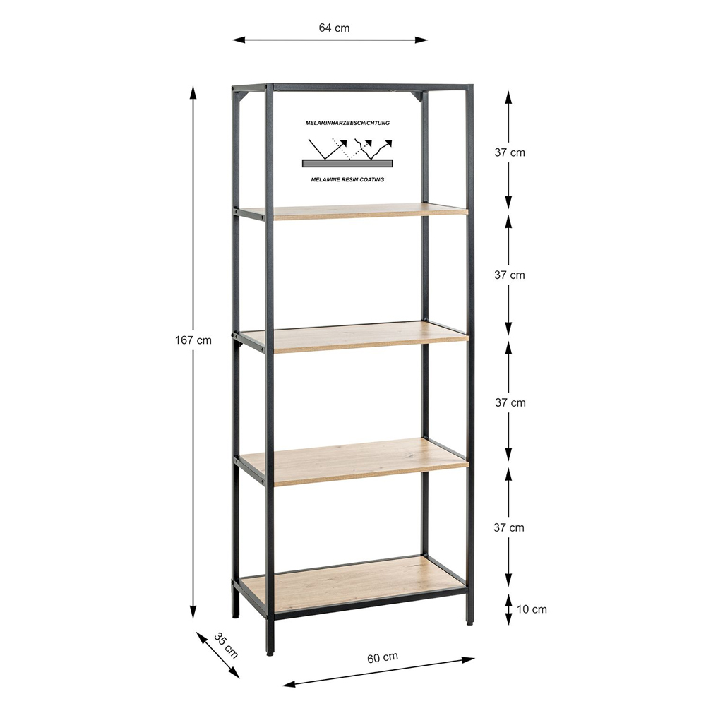 Pontiac Tall Wooden Bookcase With 4 Shelves In Oak And Black