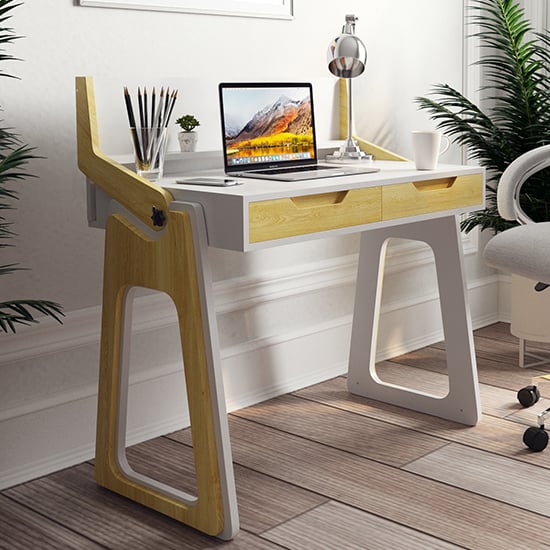 Poole High Gloss Laptop Desk With 2 Drawers In Oak And White