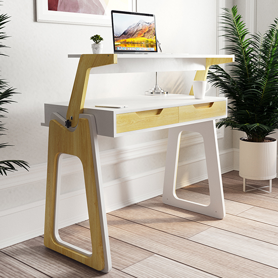 Product photograph of Poole High Gloss Lift-up Computer Desk In White And Oak from Furniture in Fashion