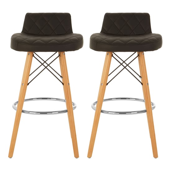 Porrima Black Faux Leather Bar Stools With Natural Legs In Pair