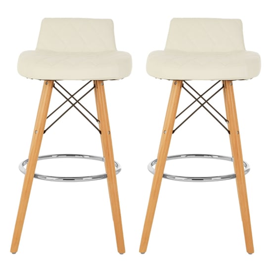 Read more about Porrima white faux leather bar stools with natural legs in pair