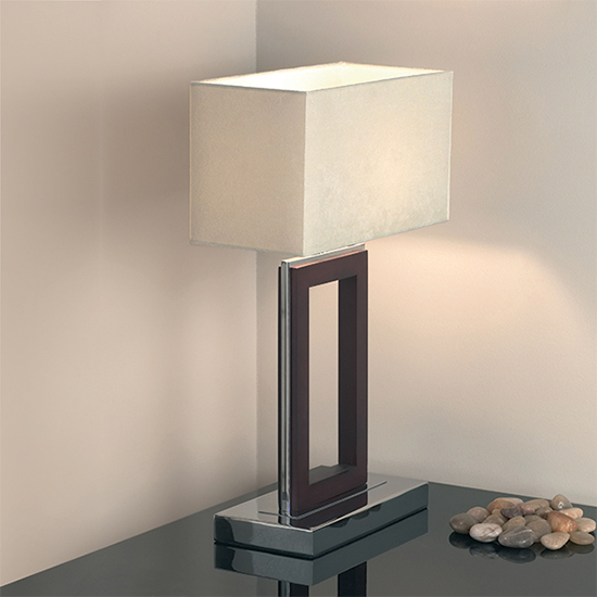 Photo of Portal cream fabric table lamp in dark wood