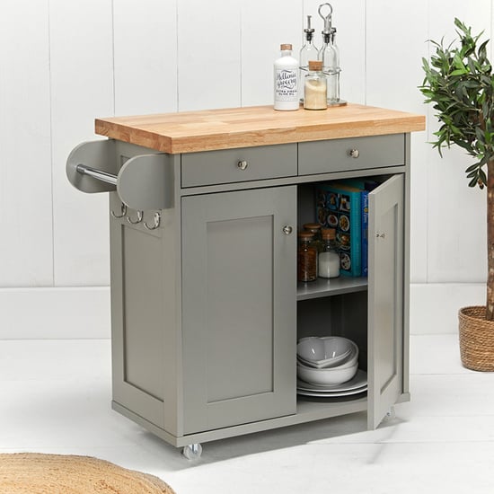 Portend Wooden Kitchen Island In Oak And Grey