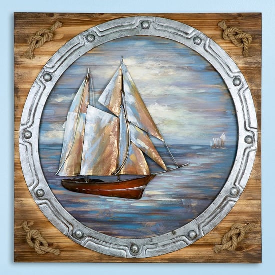 Photo of Porthole picture metal wall art in blue and natural