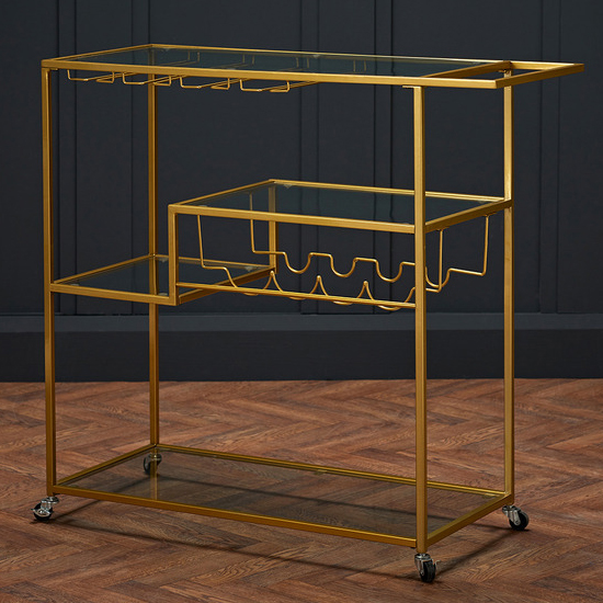 Portia Glass Shelves Drinks Trolley With Gold Frame