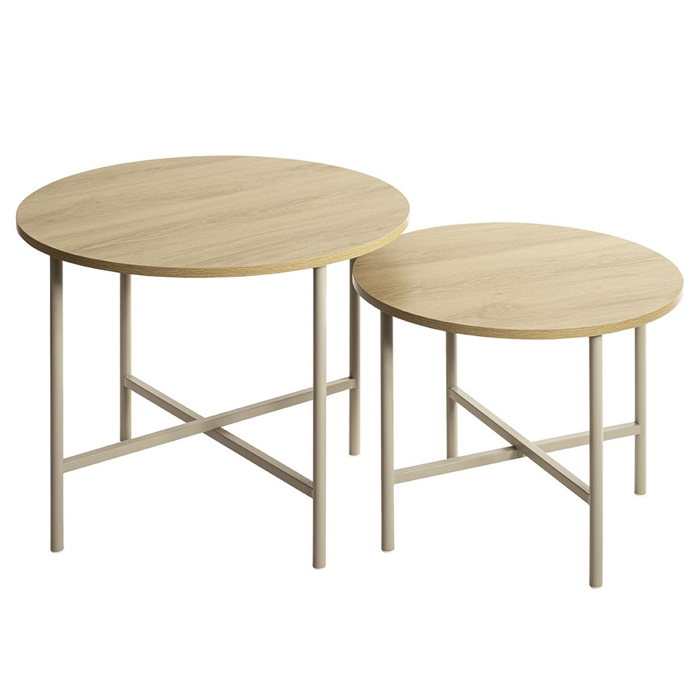 Portima Natural Oak Wooden Nesting Coffee Table with Cashmere Tubular Steel Base