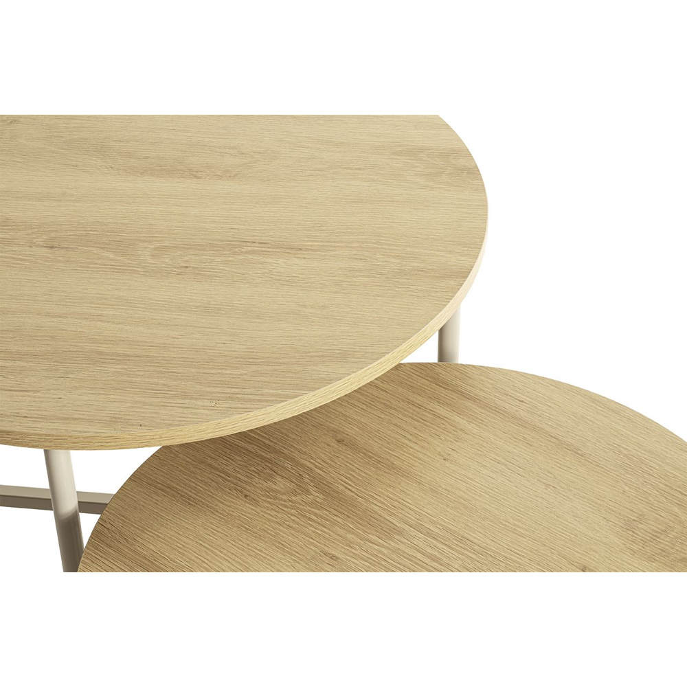 Portima Natural Oak Wooden Nesting Coffee Table with Cashmere Tubular Steel Base