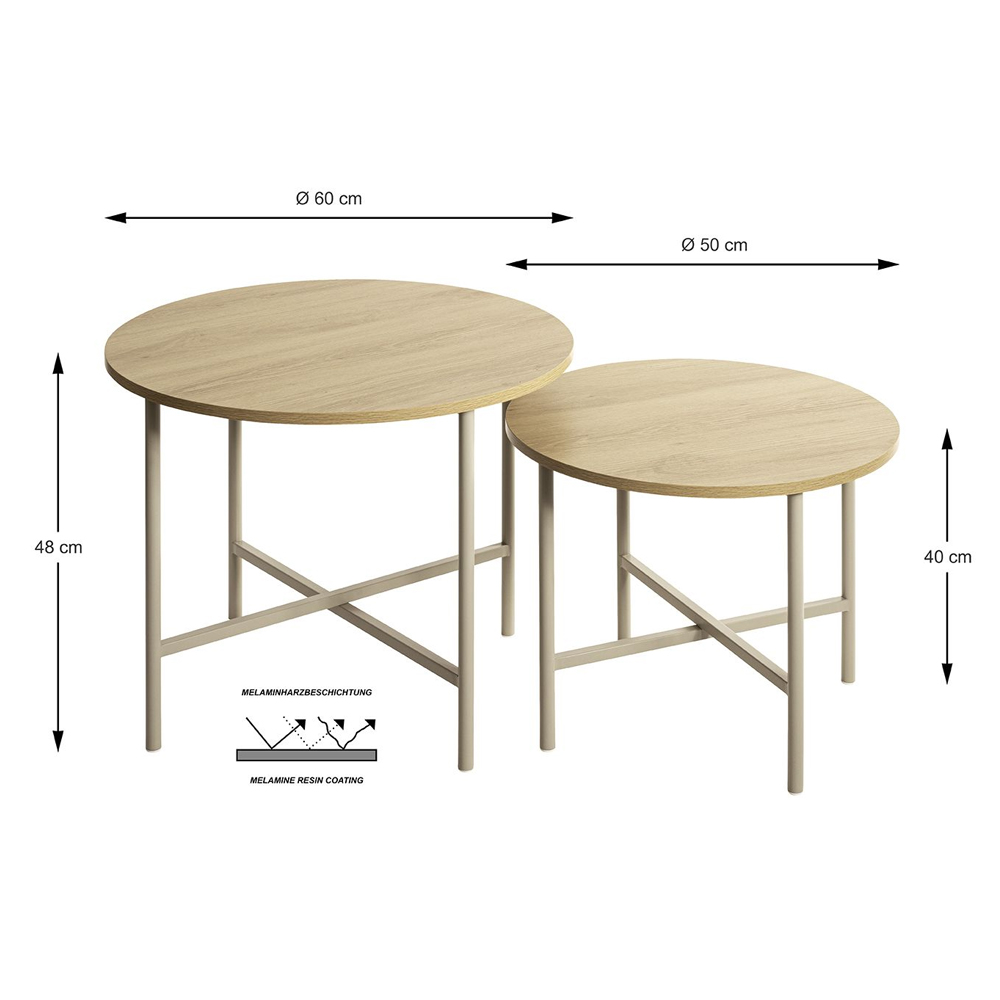 Portima Natural Oak Wooden Nesting Coffee Table with Cashmere Tubular Steel Base