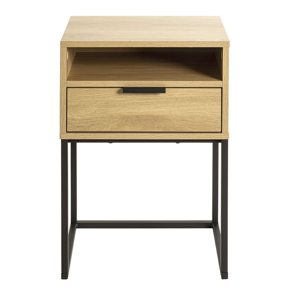 Portima Oak Wooden Bedside Cabinet with Black Tubular Steel Frame