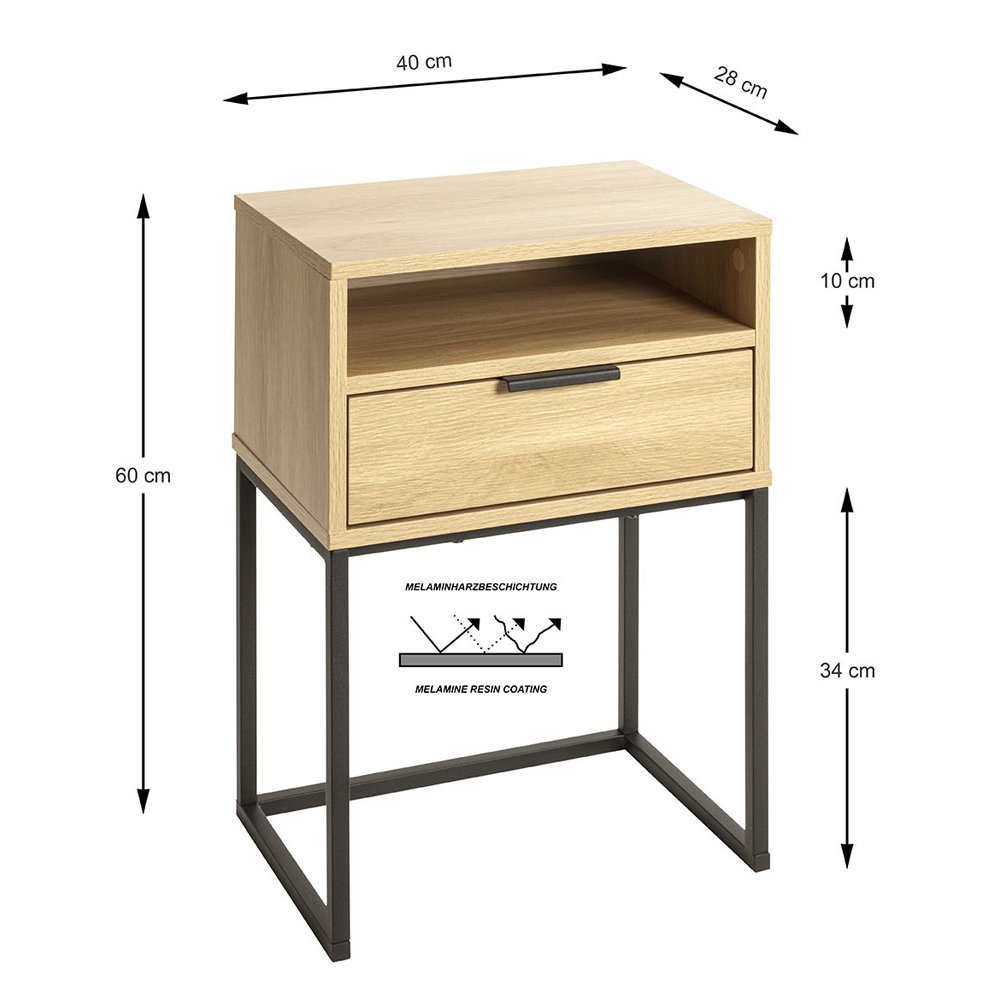 Portima Oak Wooden Bedside Cabinet with Black Tubular Steel Frame